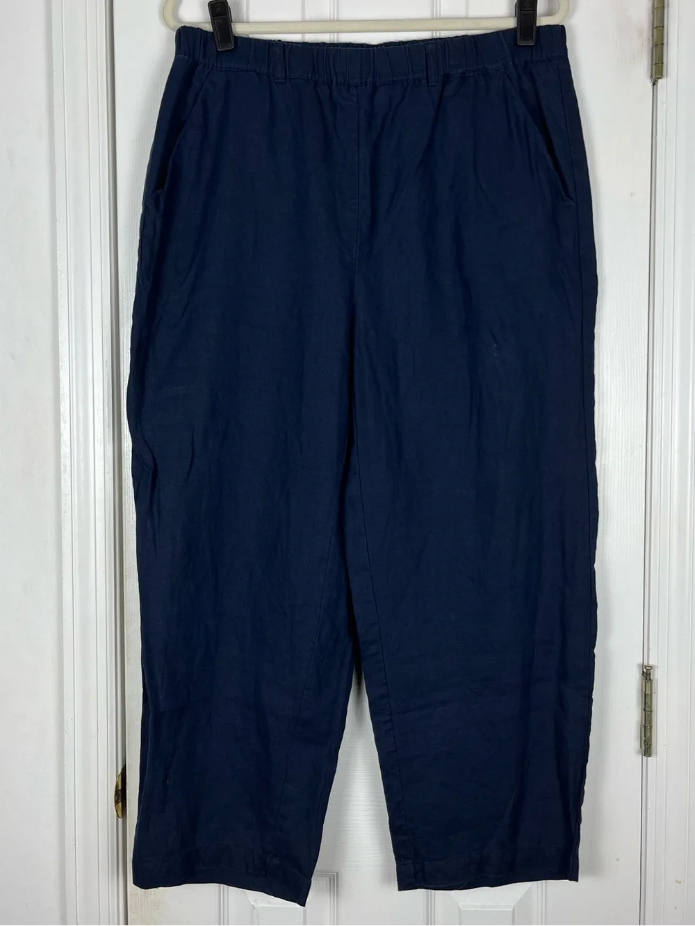 Quince European Linen Pants Wide Leg Ankle/Crop Pants Sz L Navy Minimalist